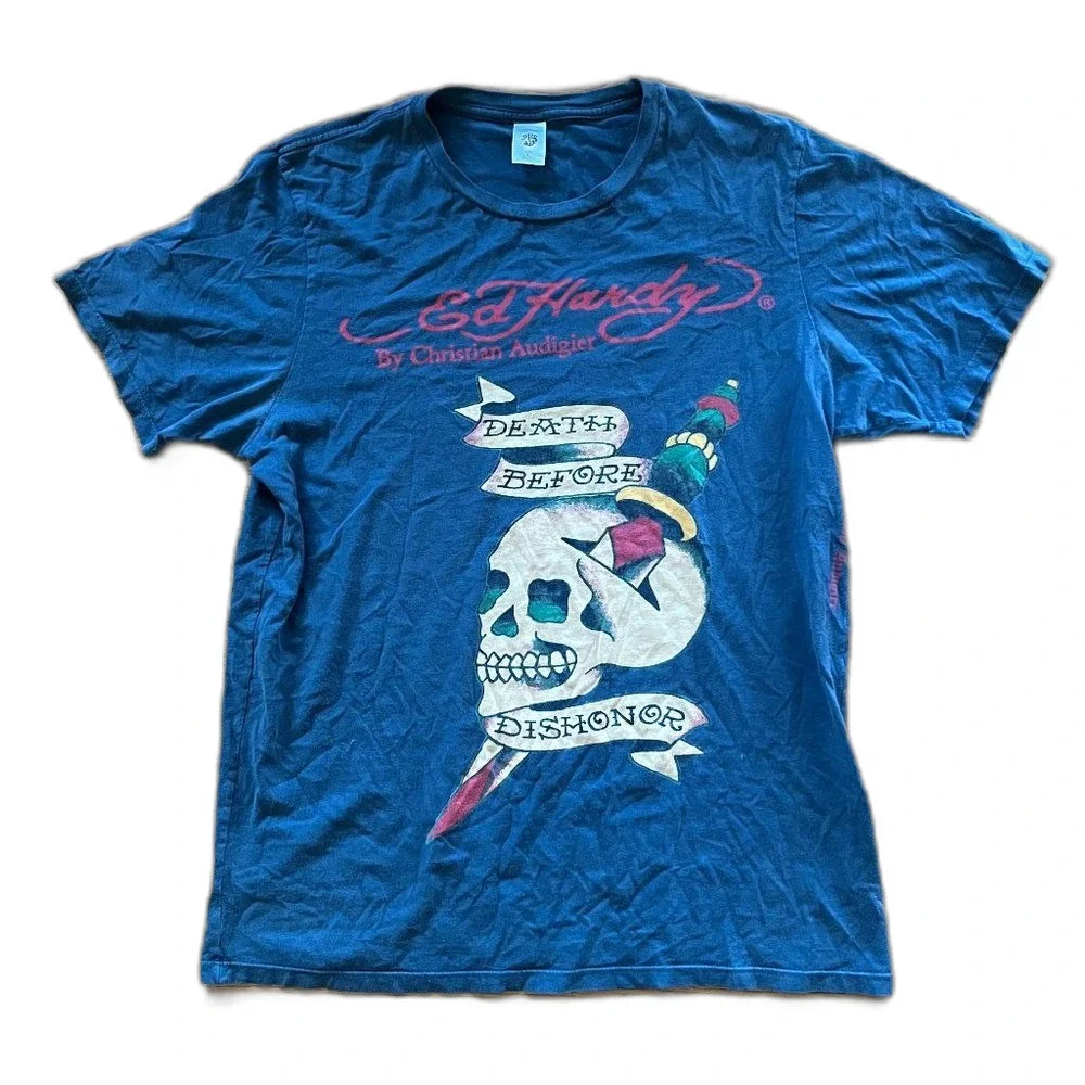 Vintage ED HARDY Blue Death Before Dishonor Skull T-shirt Tee Y2K  Mens Sz Large